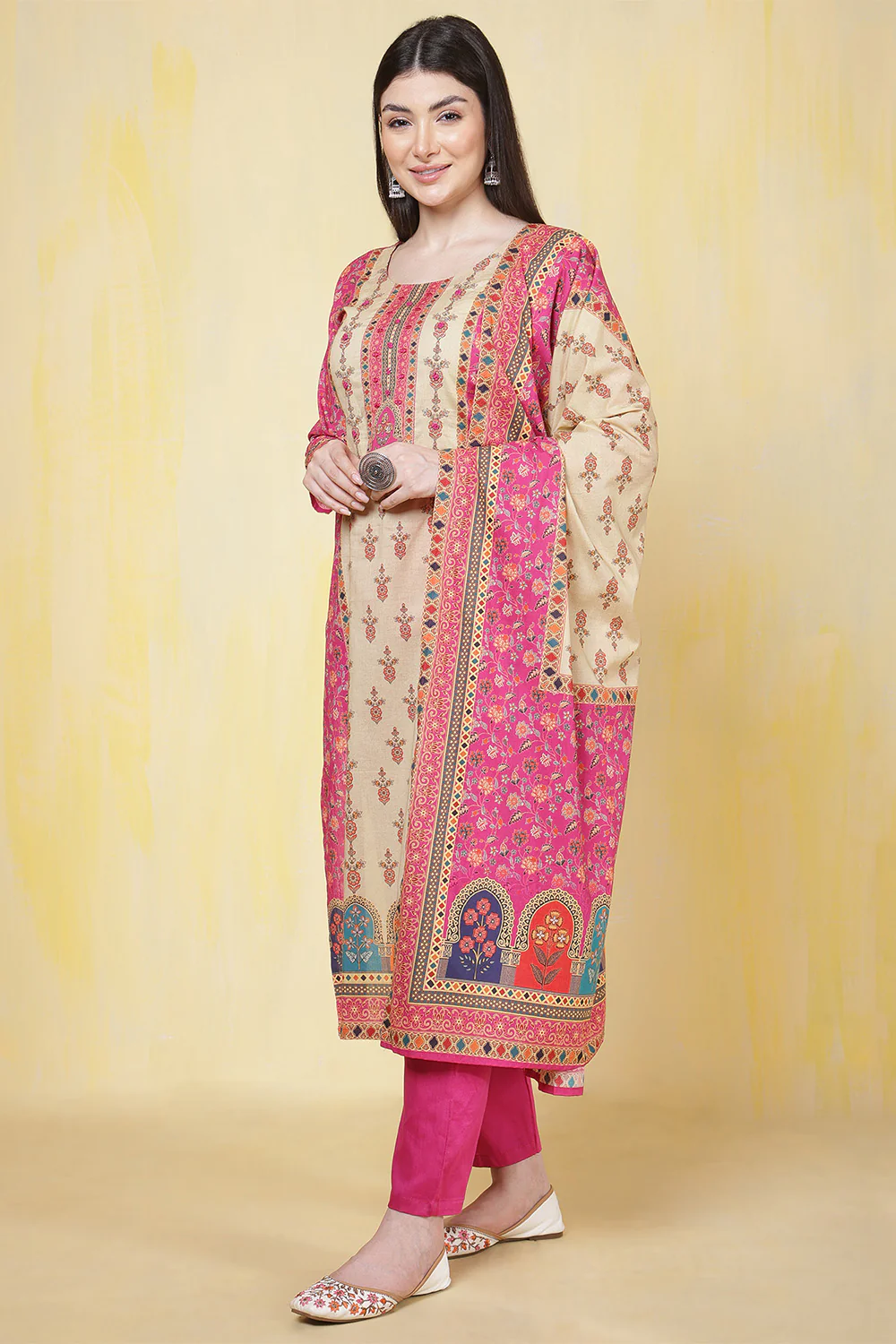 Magenta Pink & Beige Cotton Floral Printed Suit - Image 9