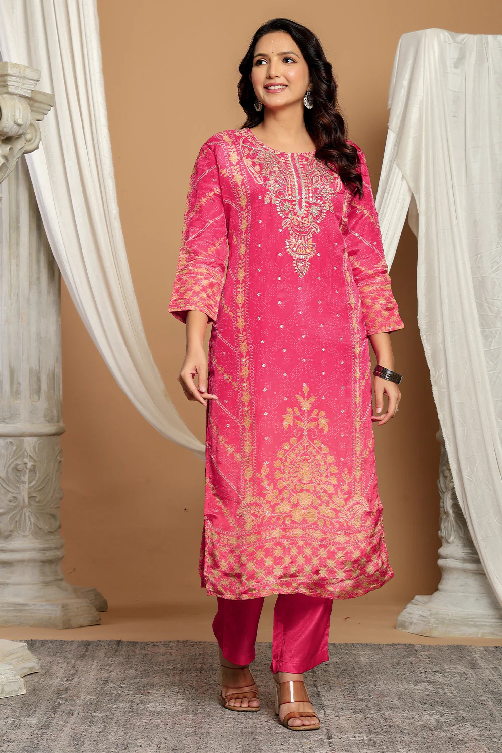 Magenta Pink Chanderi Silk Printed Straight Suit - Image 2