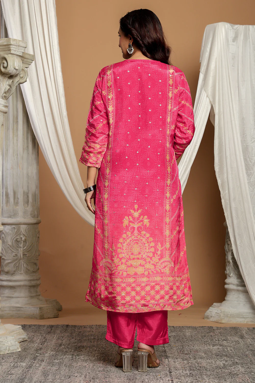 Magenta Pink Chanderi Silk Printed Straight Suit - Image 3