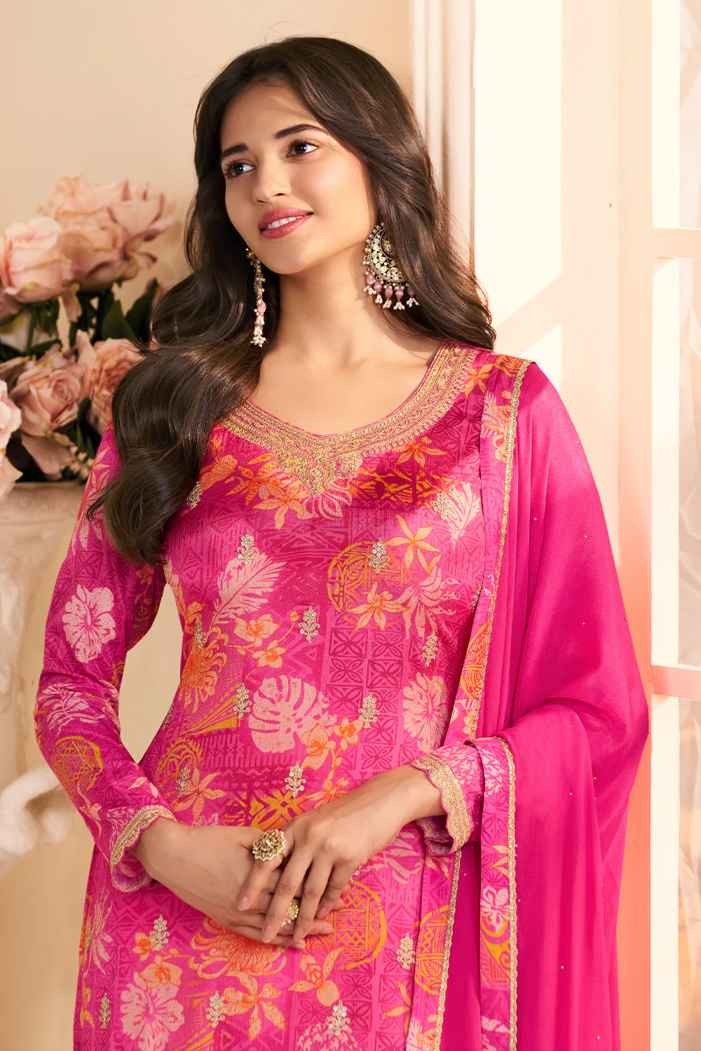 Magenta Pink Chinone Silk Floral Printed And Embroidered Unstitched Suit Fabric - Image 2