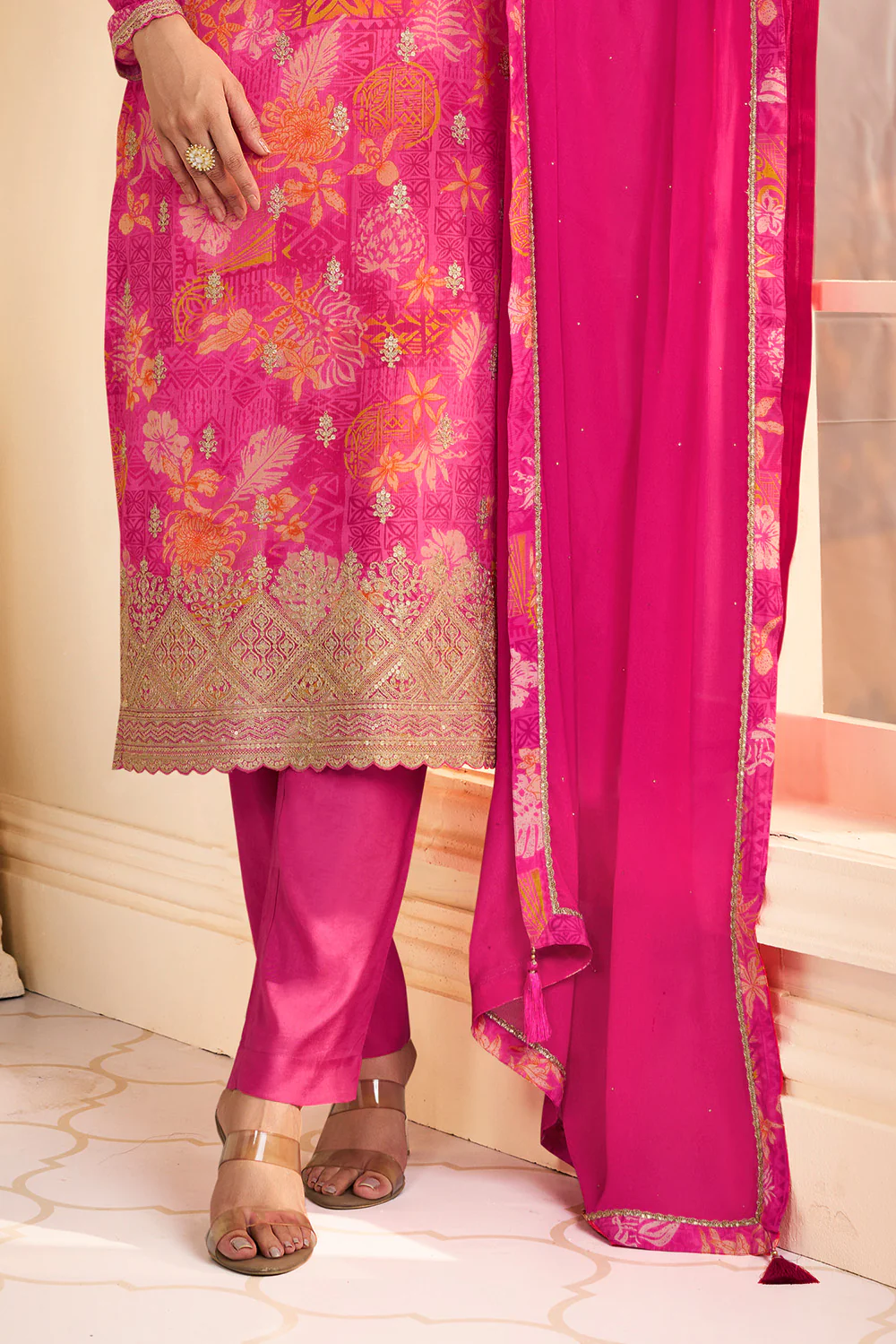 Magenta Pink Chinone Silk Floral Printed And Embroidered Unstitched Suit Fabric - Image 3