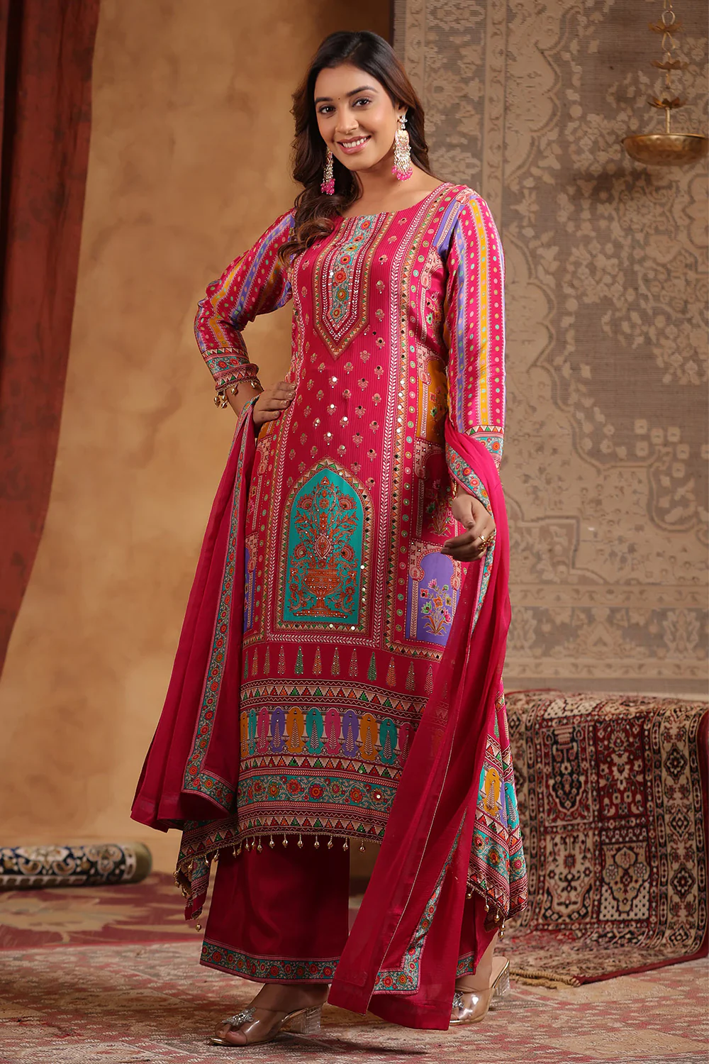 Magenta Pink  Color Crepe Printed Suit - Image 3