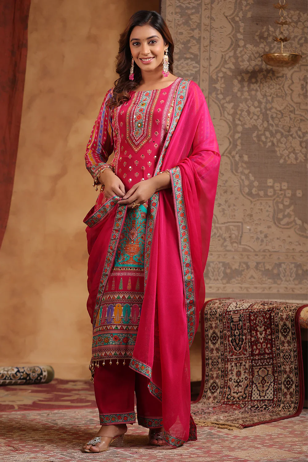 Magenta Pink  Color Crepe Printed Suit - Image 4