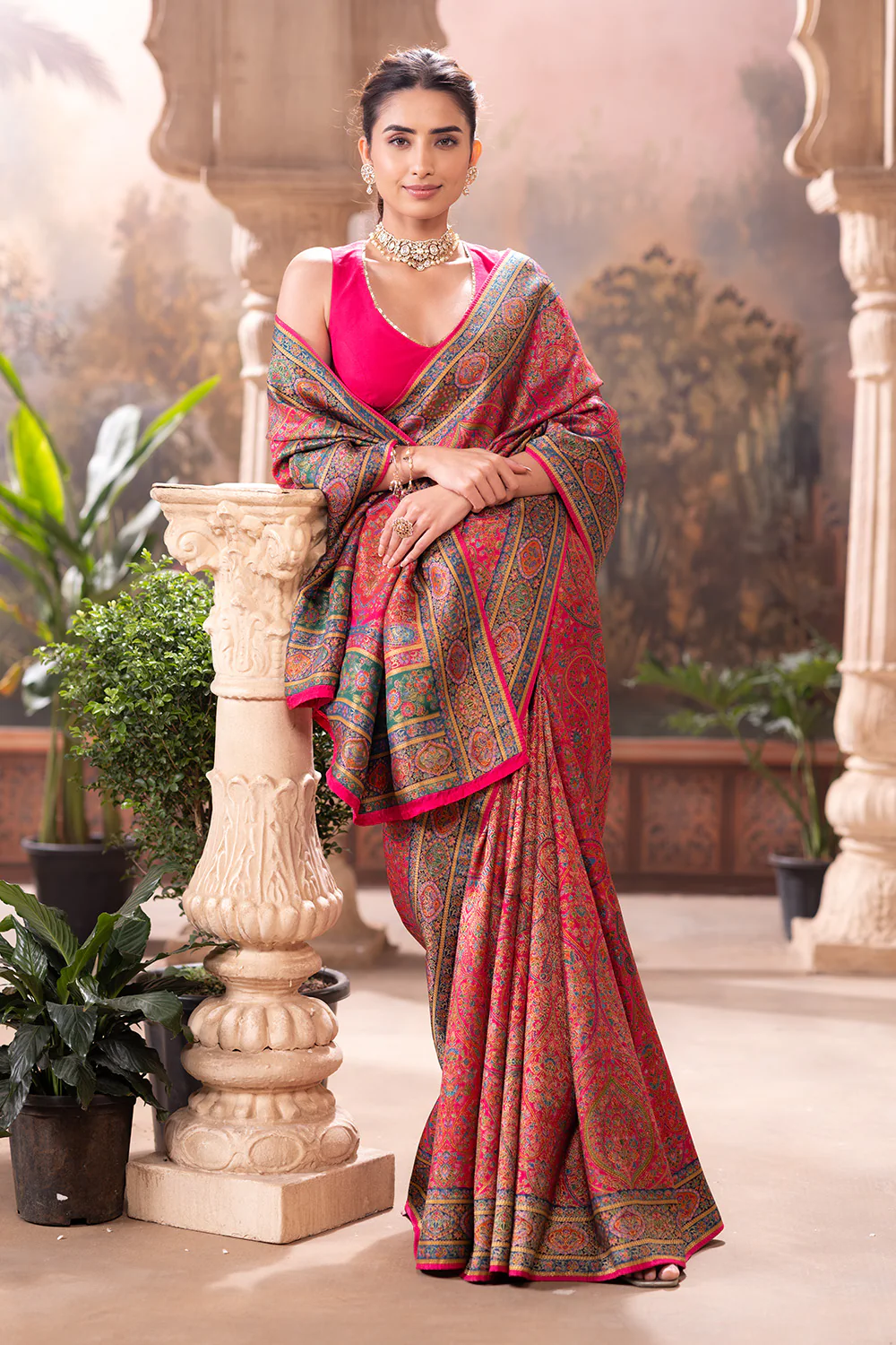 Magenta Pink Position Print Woven Silk Saree - Image 5