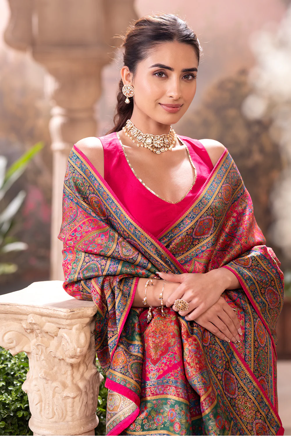 Magenta Pink Position Print Woven Silk Saree - Image 7