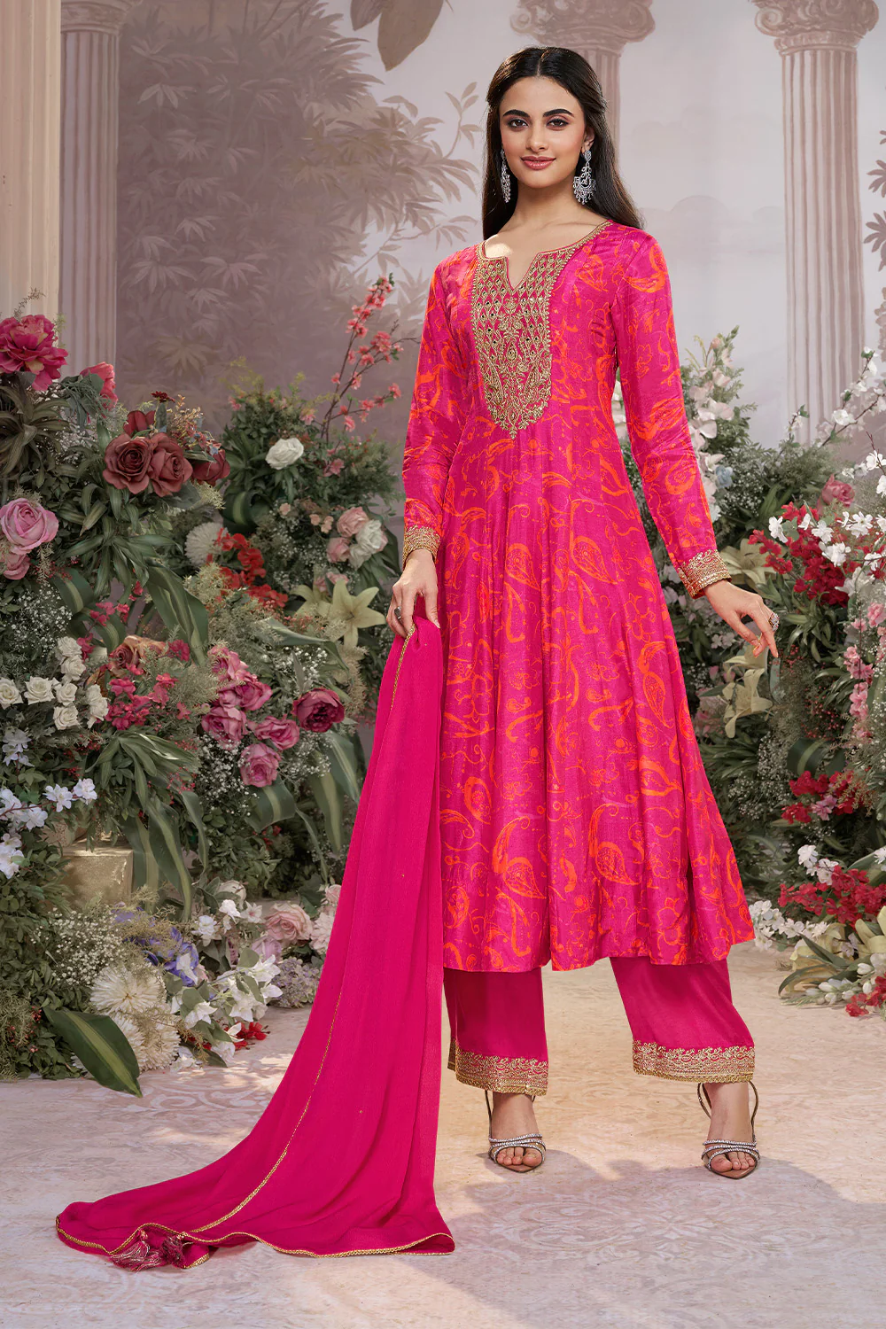 Magenta Pink Printed & Emboridered Anarkali Suit - Image 2