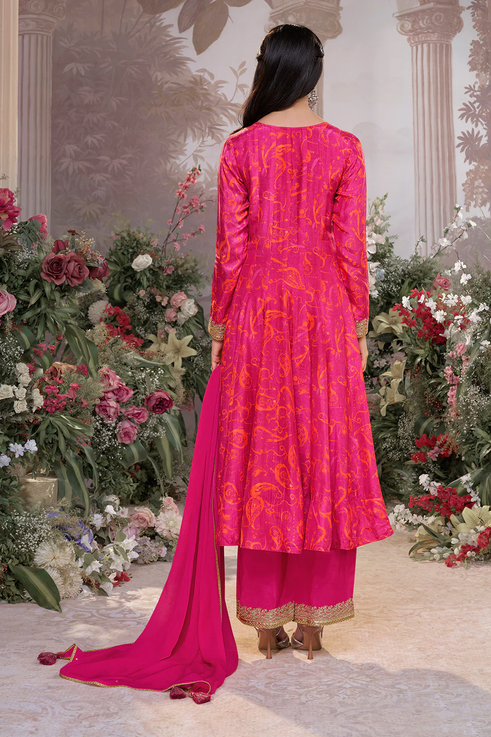 Magenta Pink Printed & Emboridered Anarkali Suit - Image 3