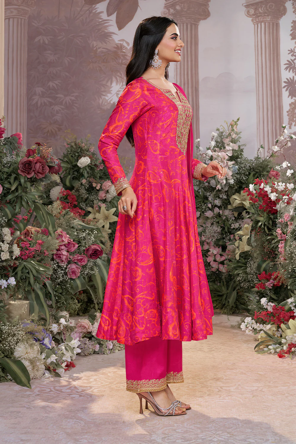 Magenta Pink Printed & Emboridered Anarkali Suit - Image 4