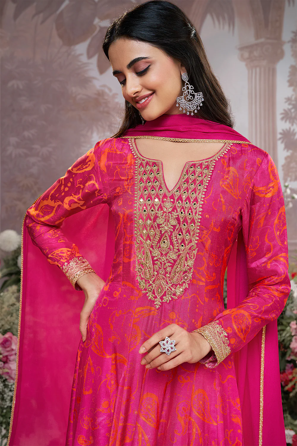Magenta Pink Printed & Emboridered Anarkali Suit - Image 6