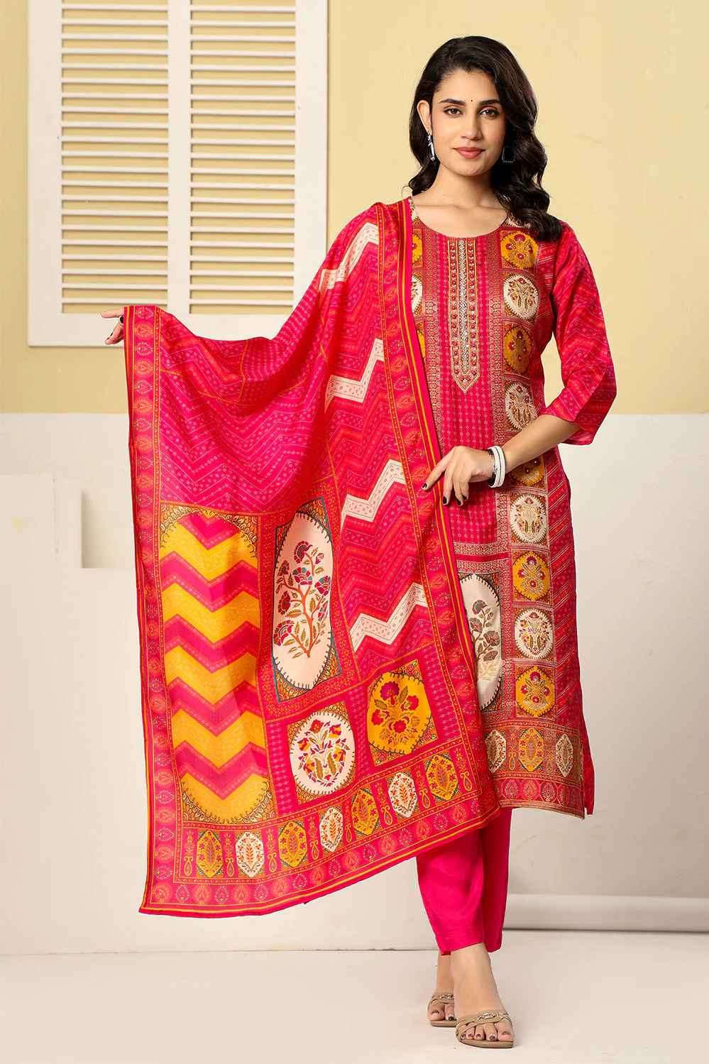 Magenta Pink Printed Embroidered Chanderi Silk Suit Set - Image 2