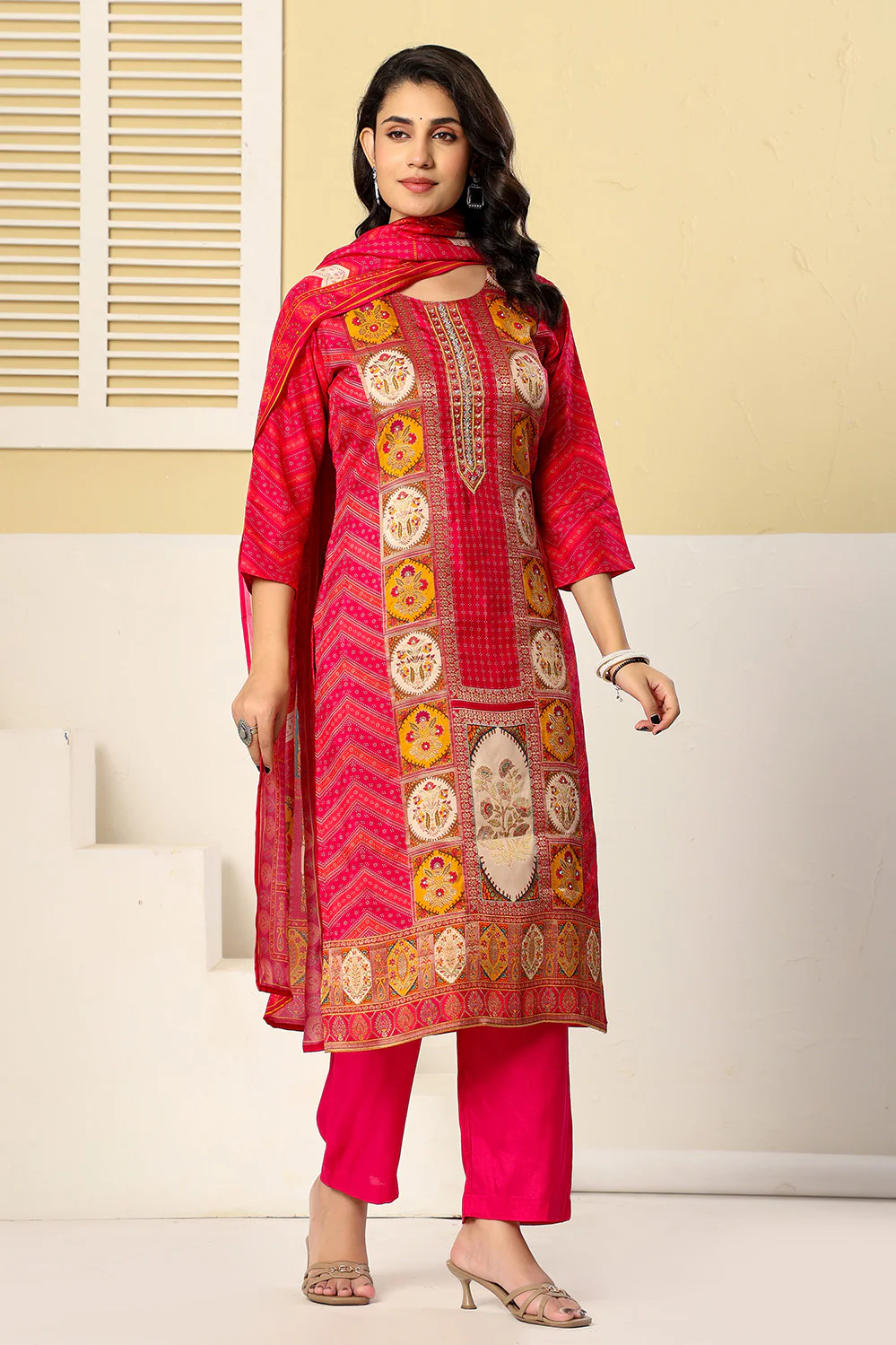 Magenta Pink Printed Embroidered Chanderi Silk Suit Set - Image 4