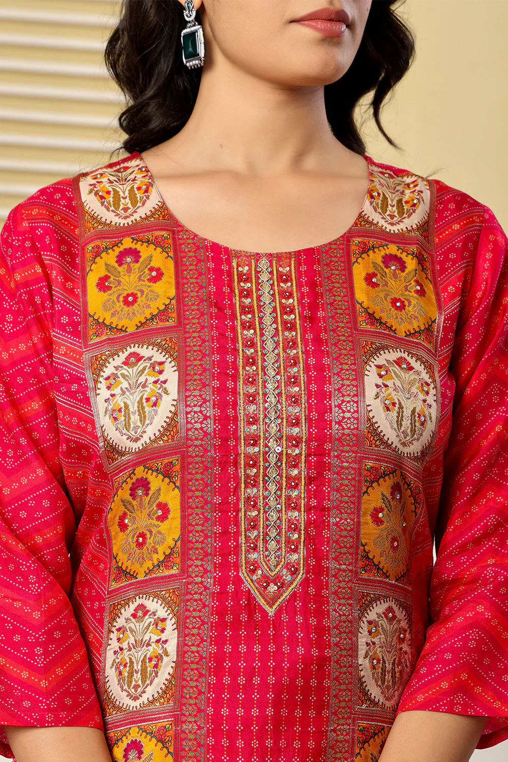Magenta Pink Printed Embroidered Chanderi Silk Suit Set - Image 6