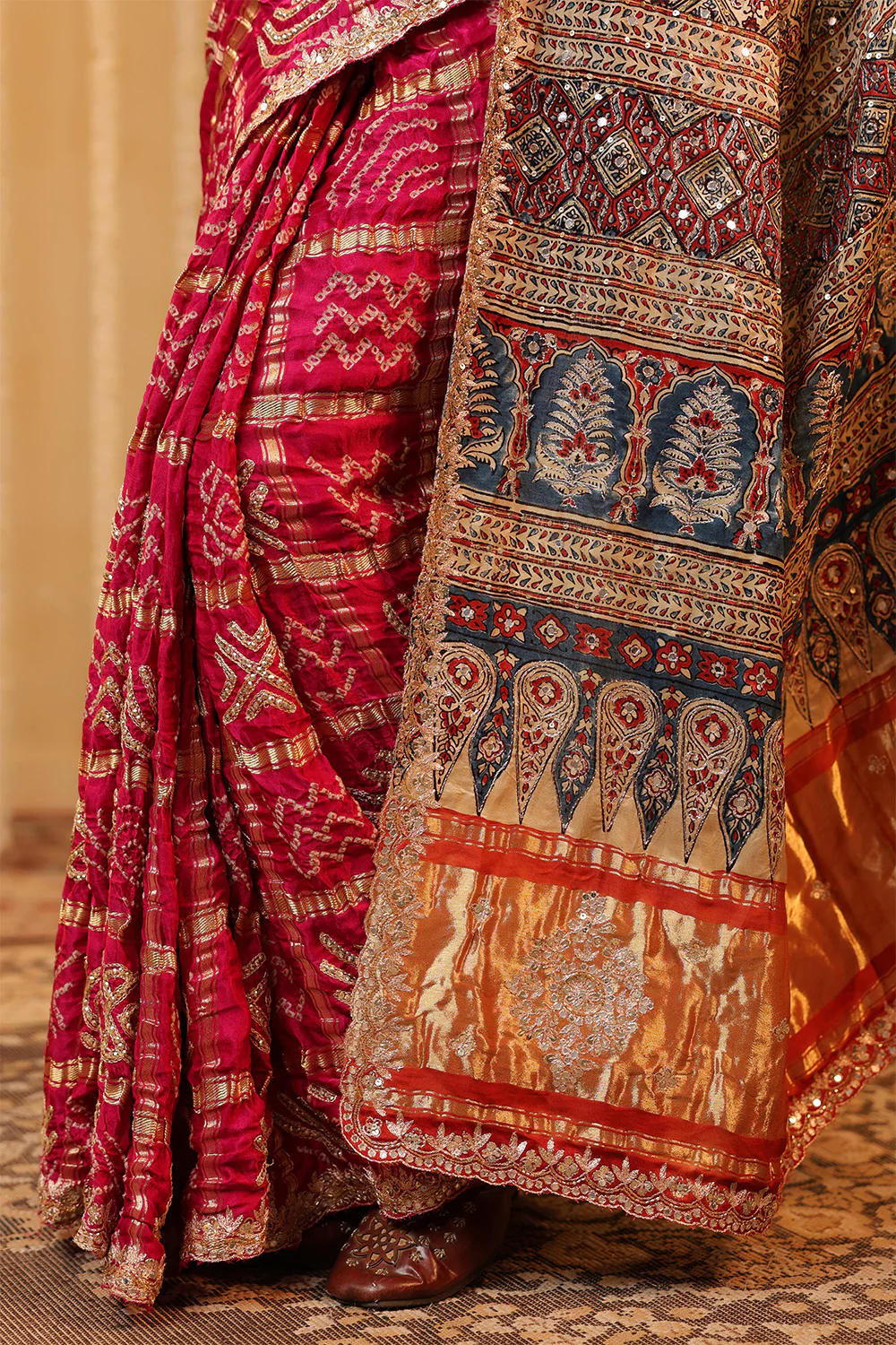 Magenta Pink Pure Gharchola Gajji Silk Printed And Embroidered Saree - Image 13