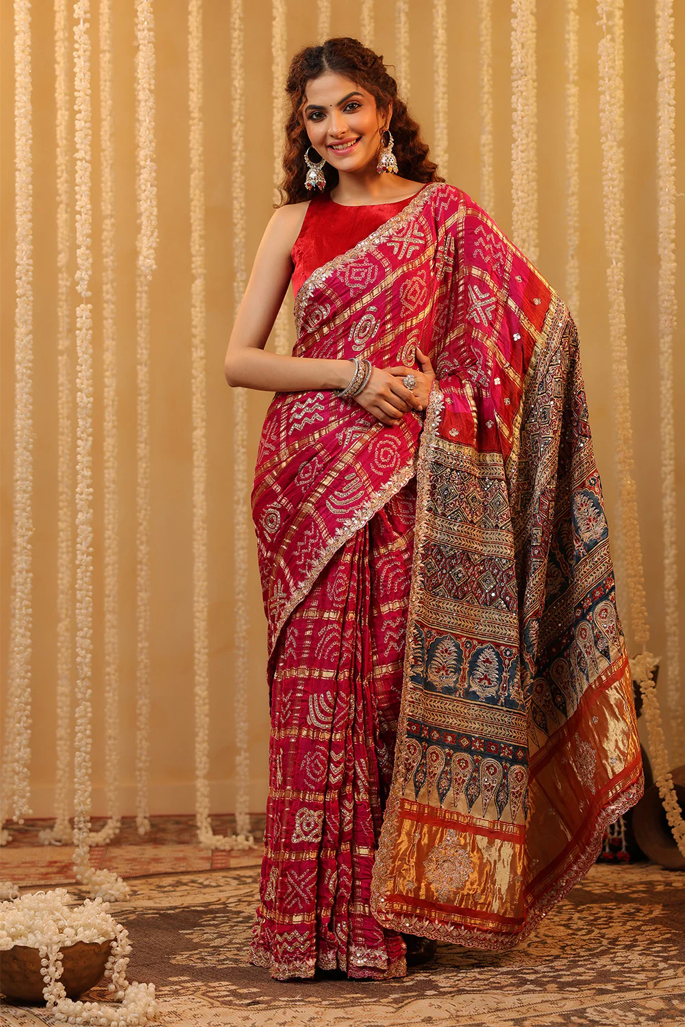 Magenta Pink Pure Gharchola Gajji Silk Printed And Embroidered Saree - Image 2