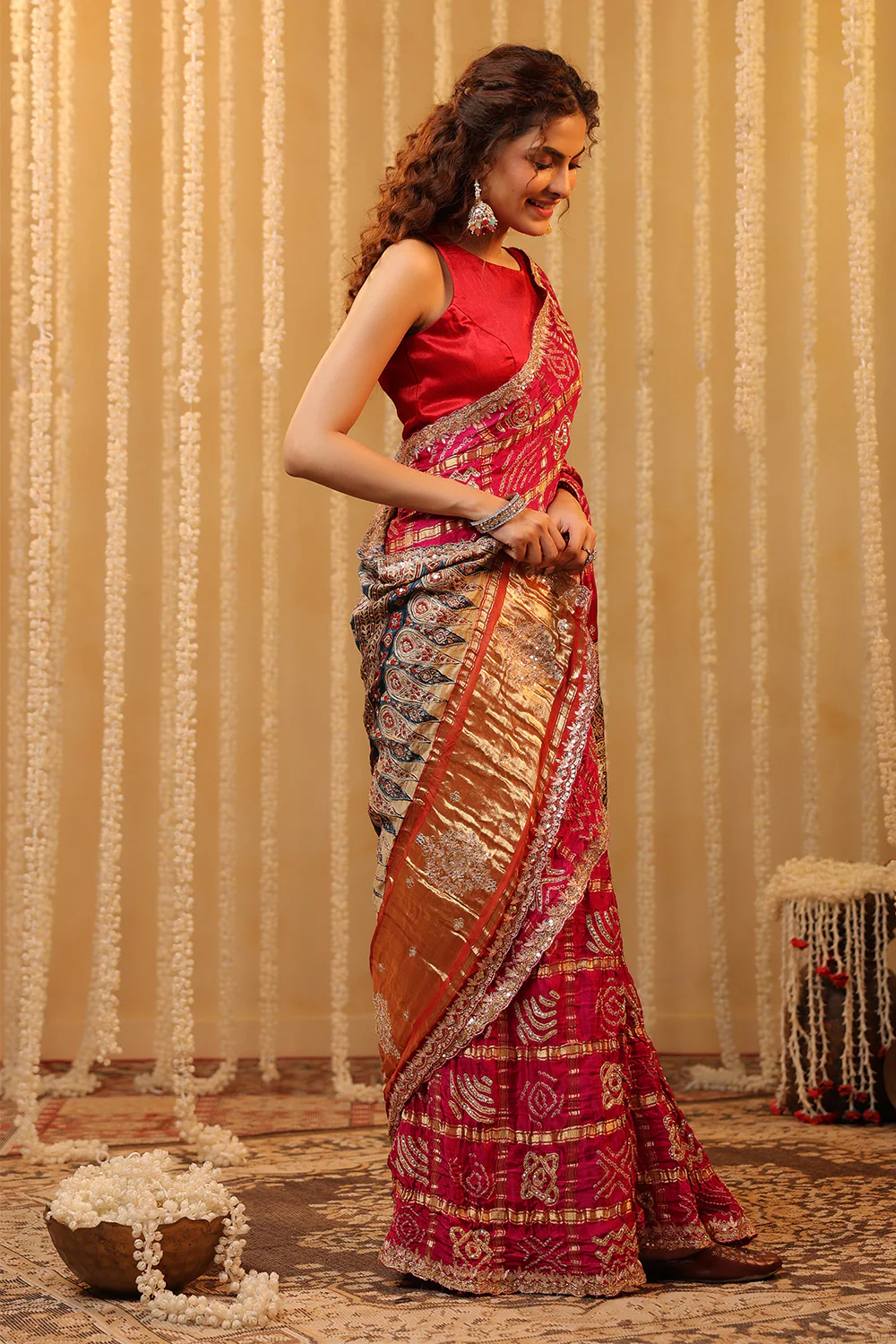 Magenta Pink Pure Gharchola Gajji Silk Printed And Embroidered Saree - Image 3