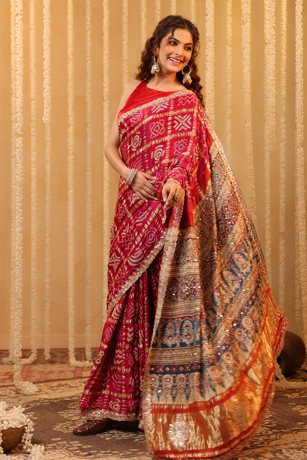 Magenta Pink Pure Gharchola Gajji Silk Printed And Embroidered Saree - Image 4
