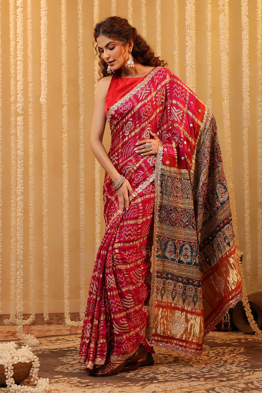 Magenta Pink Pure Gharchola Gajji Silk Printed And Embroidered Saree - Image 5