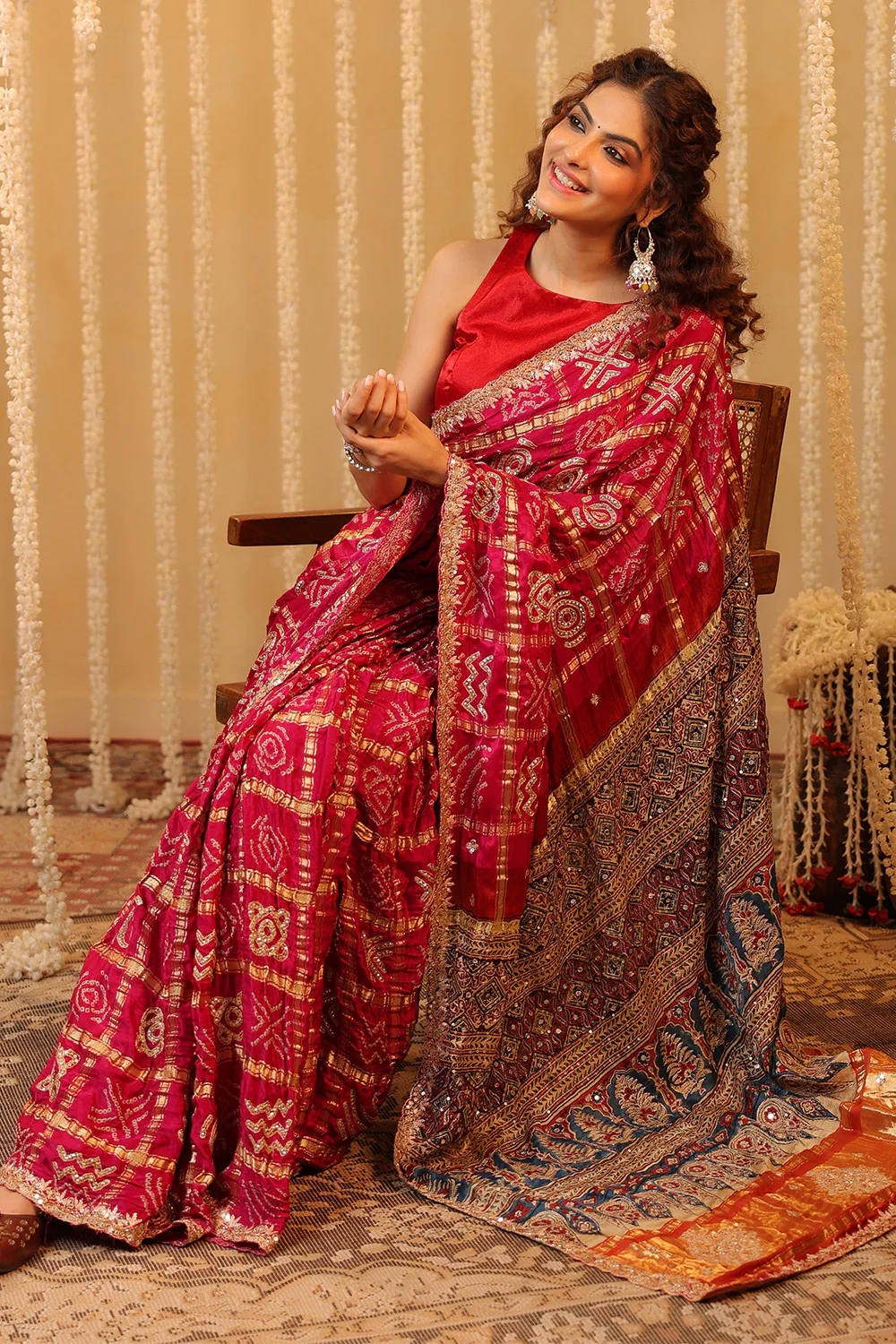 Magenta Pink Pure Gharchola Gajji Silk Printed And Embroidered Saree - Image 7