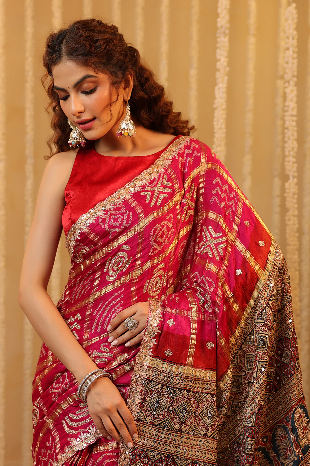Magenta Pink Pure Gharchola Gajji Silk Printed And Embroidered Saree - Image 9