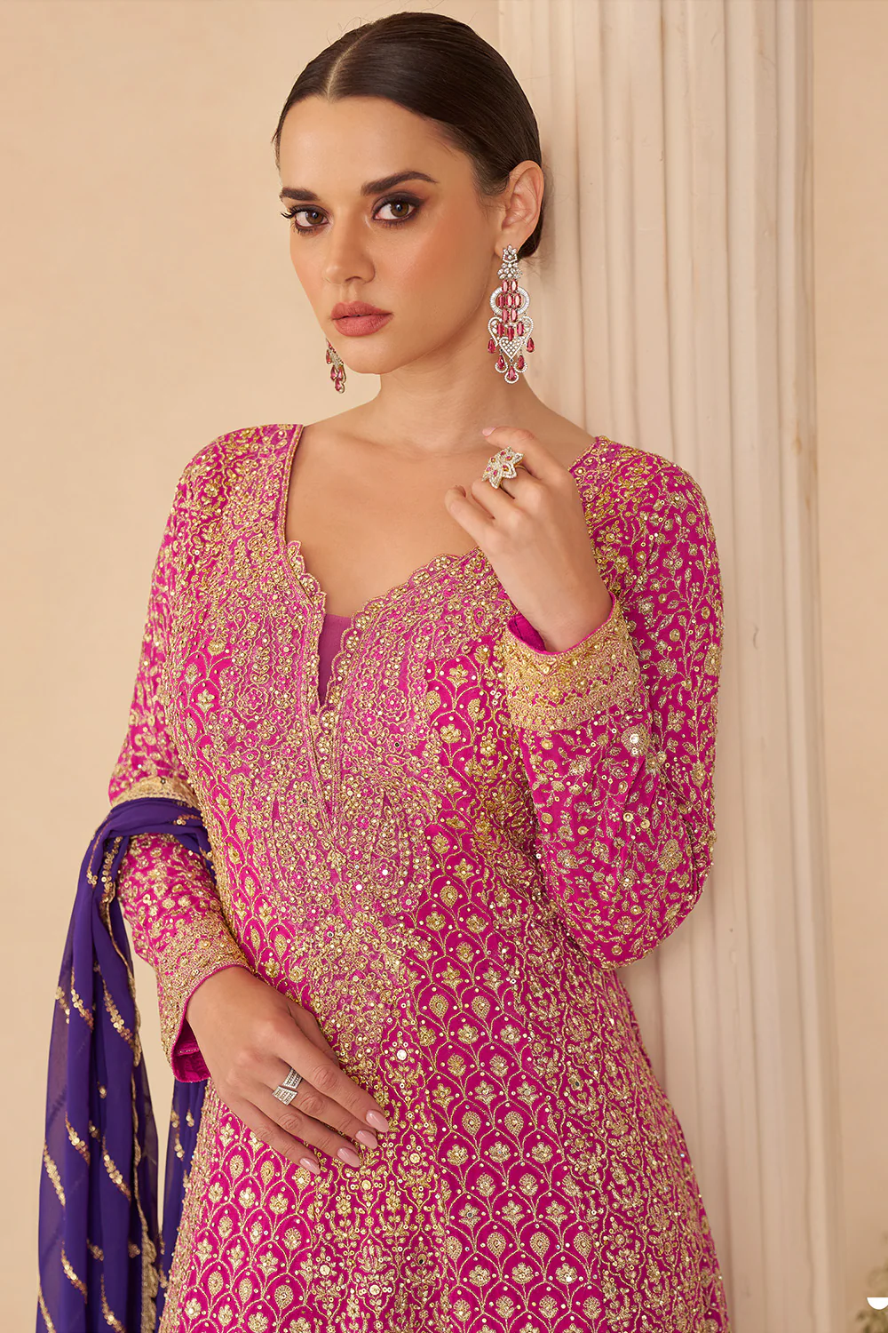 Magenta Pink & Violet Georgette Zari And Sequins Embroidered Suit With Embroidered Palazzo - Image 2