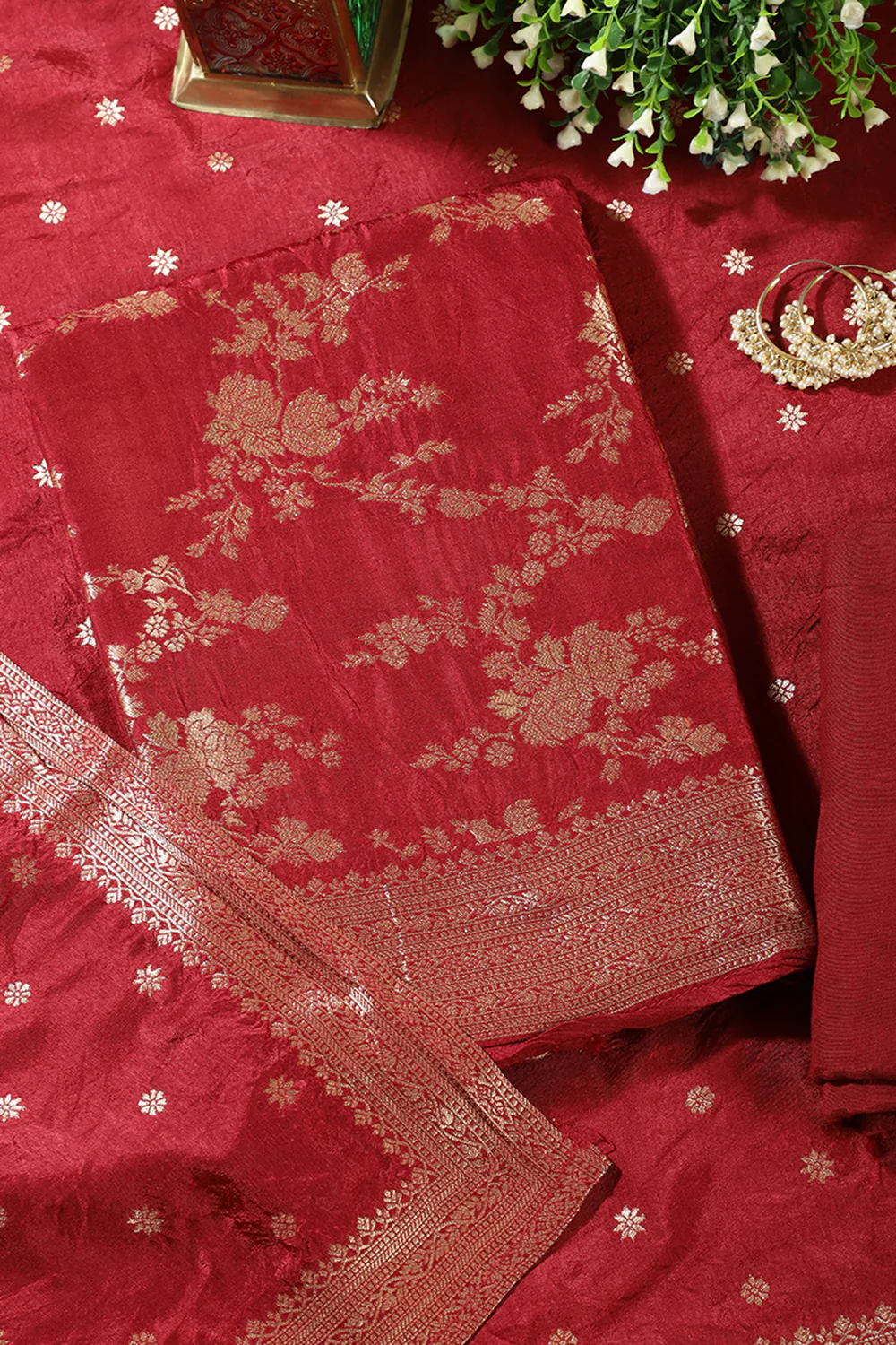 Maroon Banarsi Floral Woven Silk Unstitched Suit Fabric - Image 3