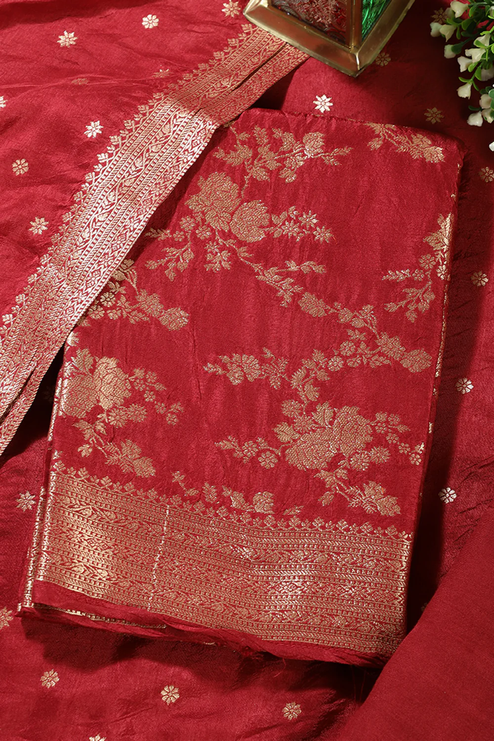 Maroon Banarsi Floral Woven Silk Unstitched Suit Fabric - Image 4
