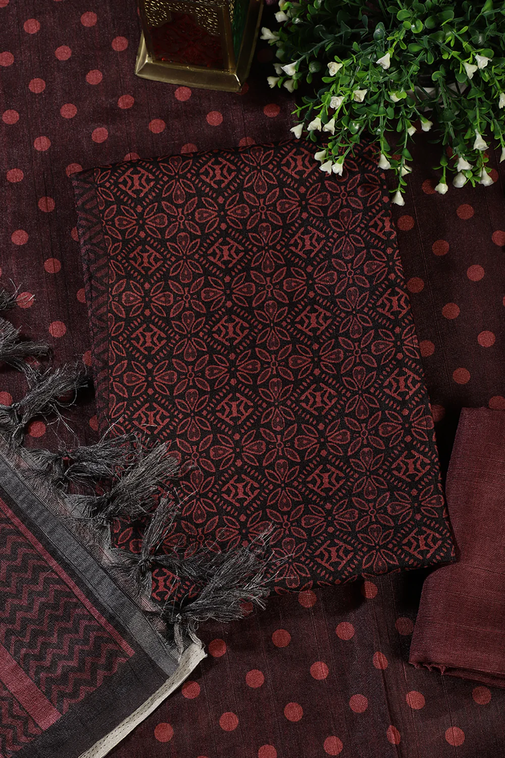 Maroon Chanderi Cotton Printed Unstiched Suit Material - Image 2