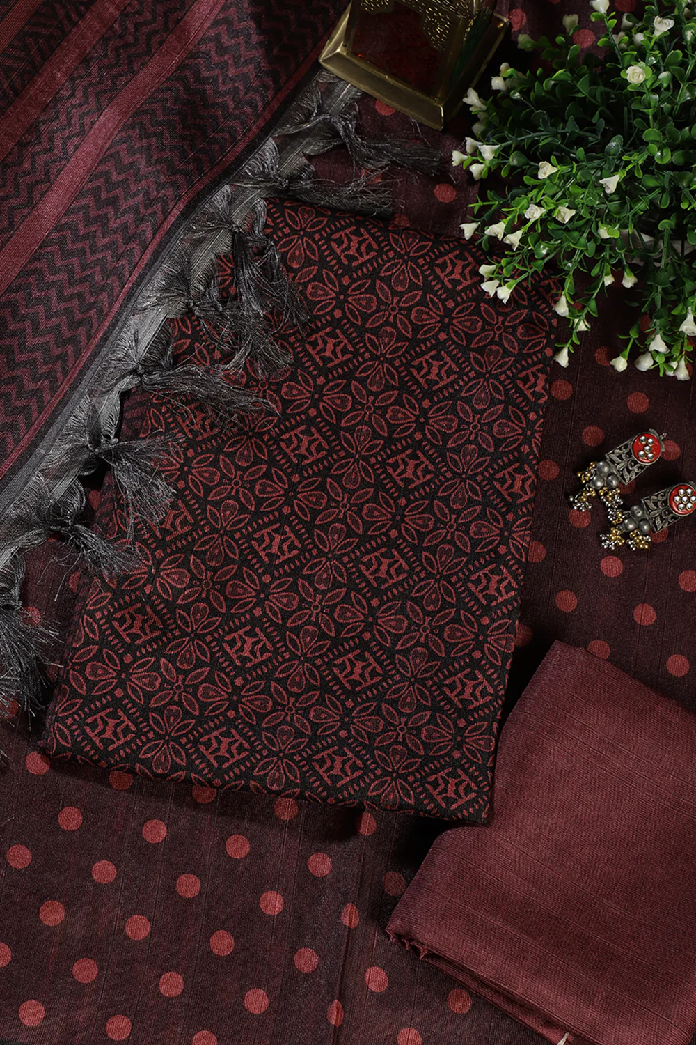 Maroon Chanderi Cotton Printed Unstiched Suit Material - Image 3