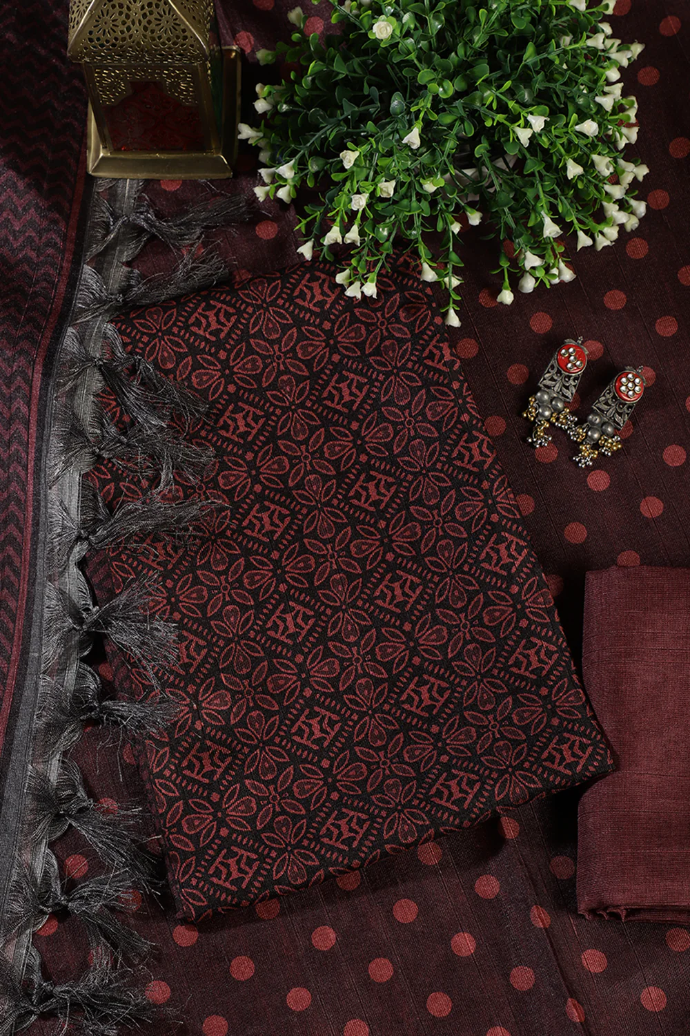 Maroon Chanderi Cotton Printed Unstiched Suit Material - Image 4
