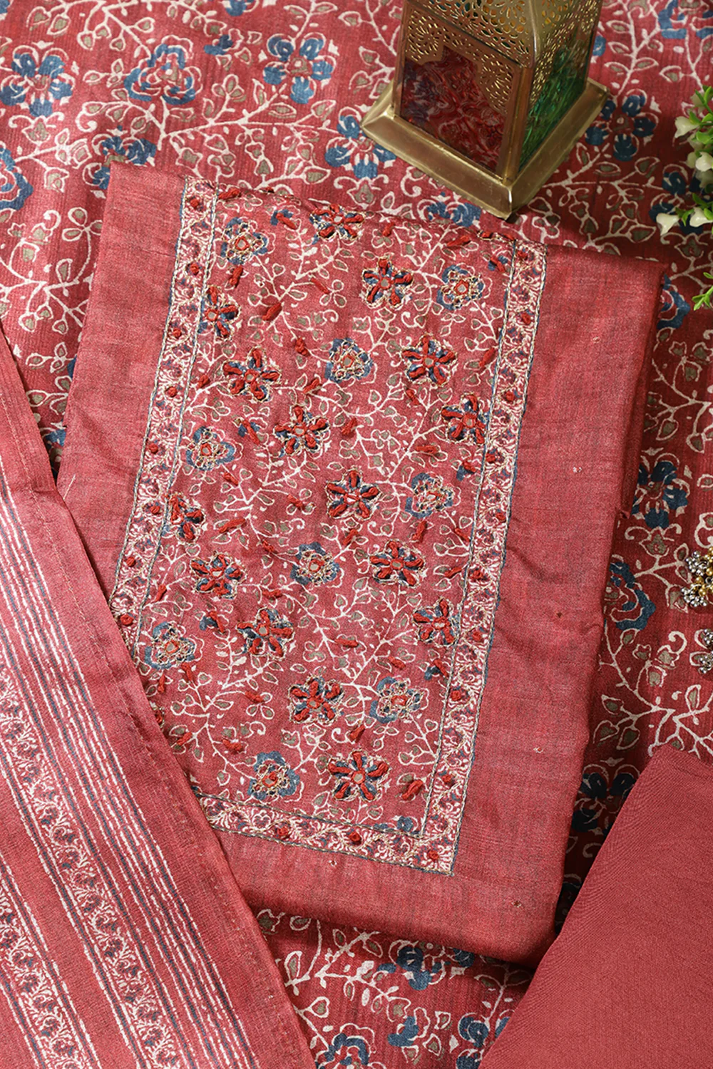Maroon Chanderi Silk Mirror & Resham worked Unstitched Suit