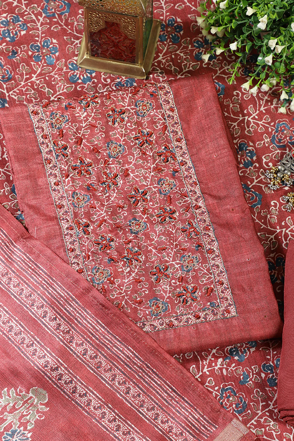 Maroon Chanderi Silk Mirror & Resham worked Unstitched Suit - Image 2