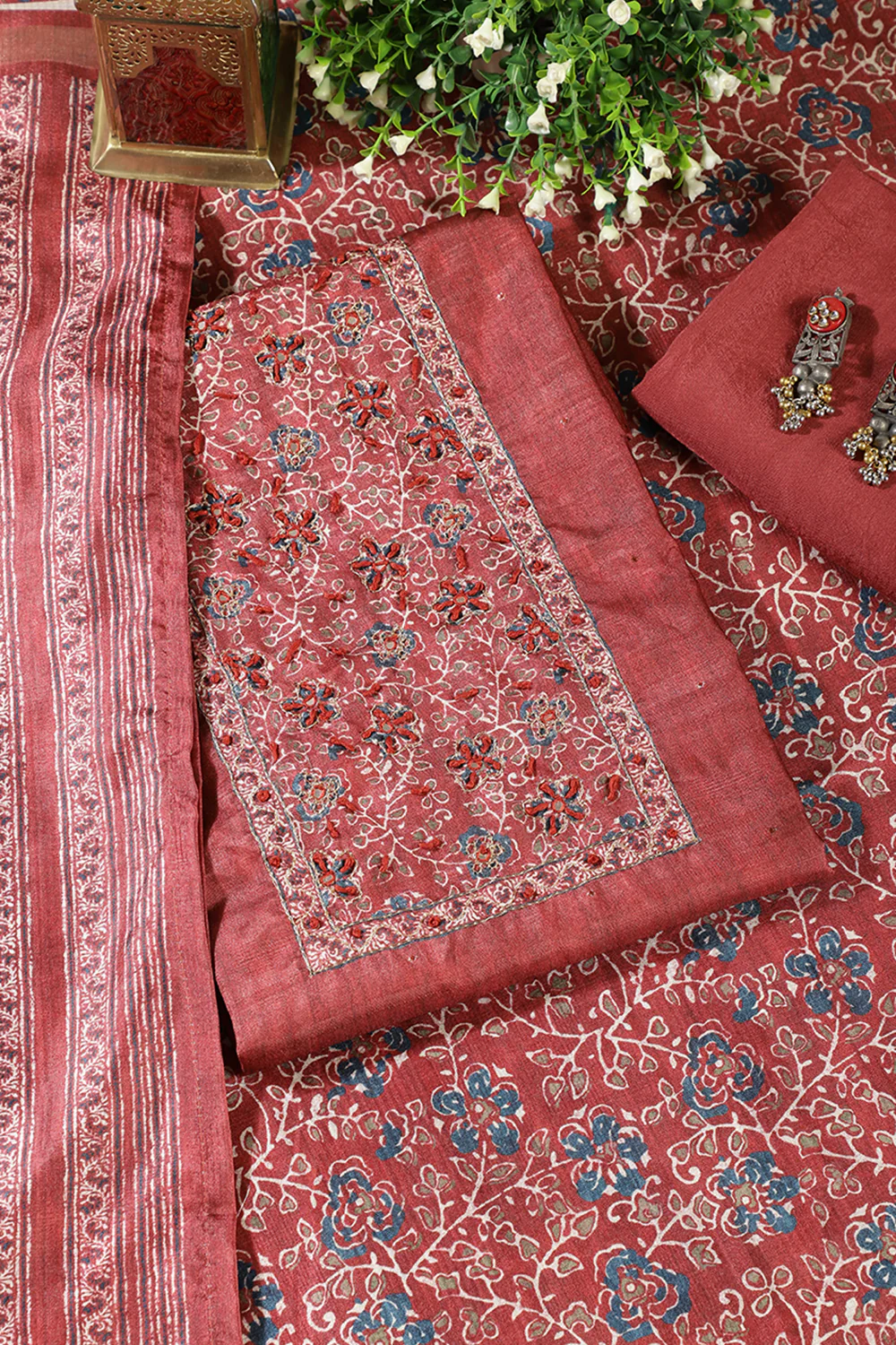 Maroon Chanderi Silk Mirror & Resham worked Unstitched Suit - Image 3