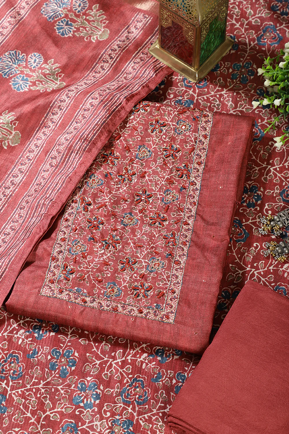 Maroon Chanderi Silk Mirror & Resham worked Unstitched Suit - Image 4