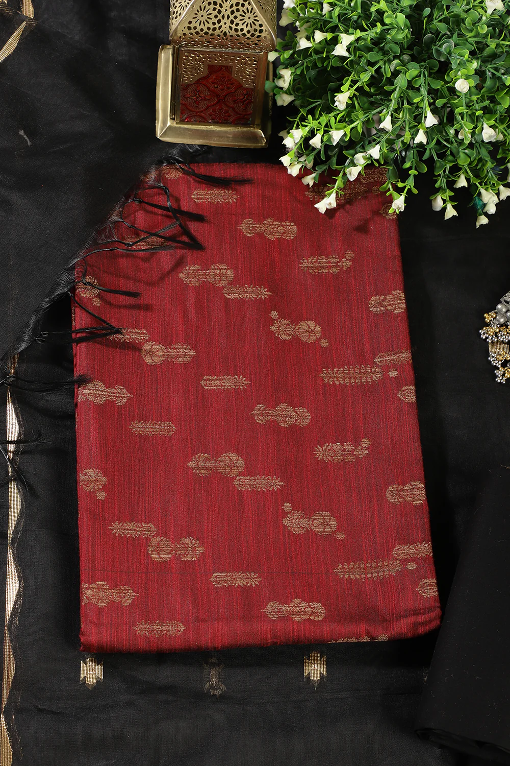 Maroon Chanderi Silk Woven Unstitched Suit - Image 4