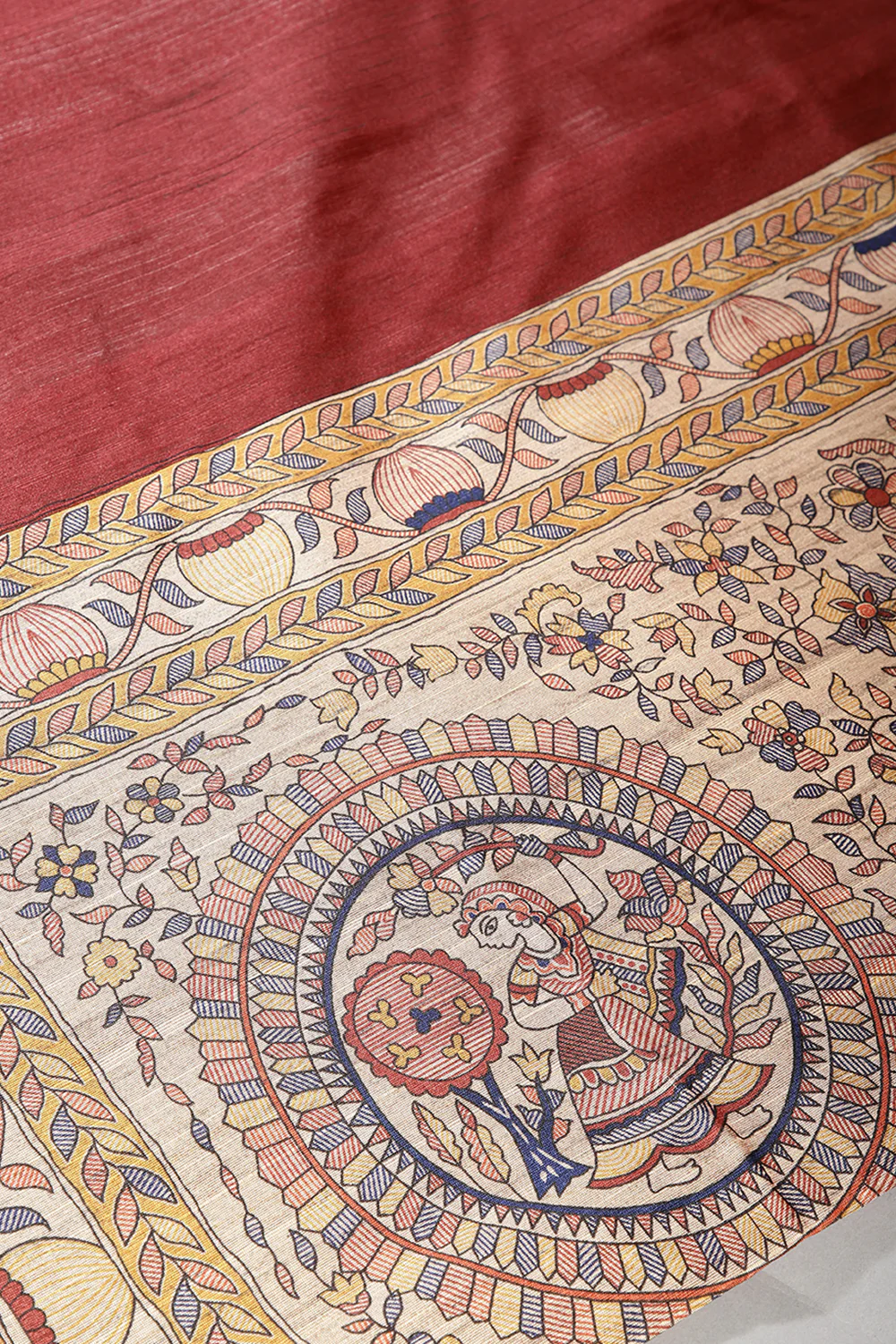 Maroon Color Cotton Silk Madhubani Print Saree - Image 3