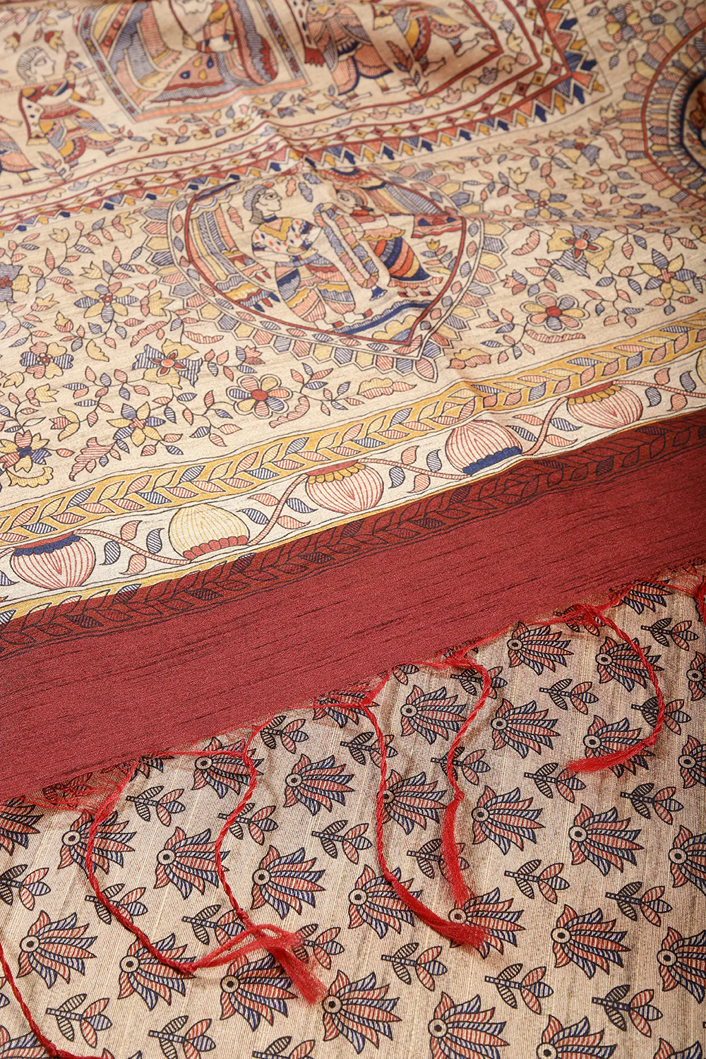 Maroon Color Cotton Silk Madhubani Print Saree - Image 4