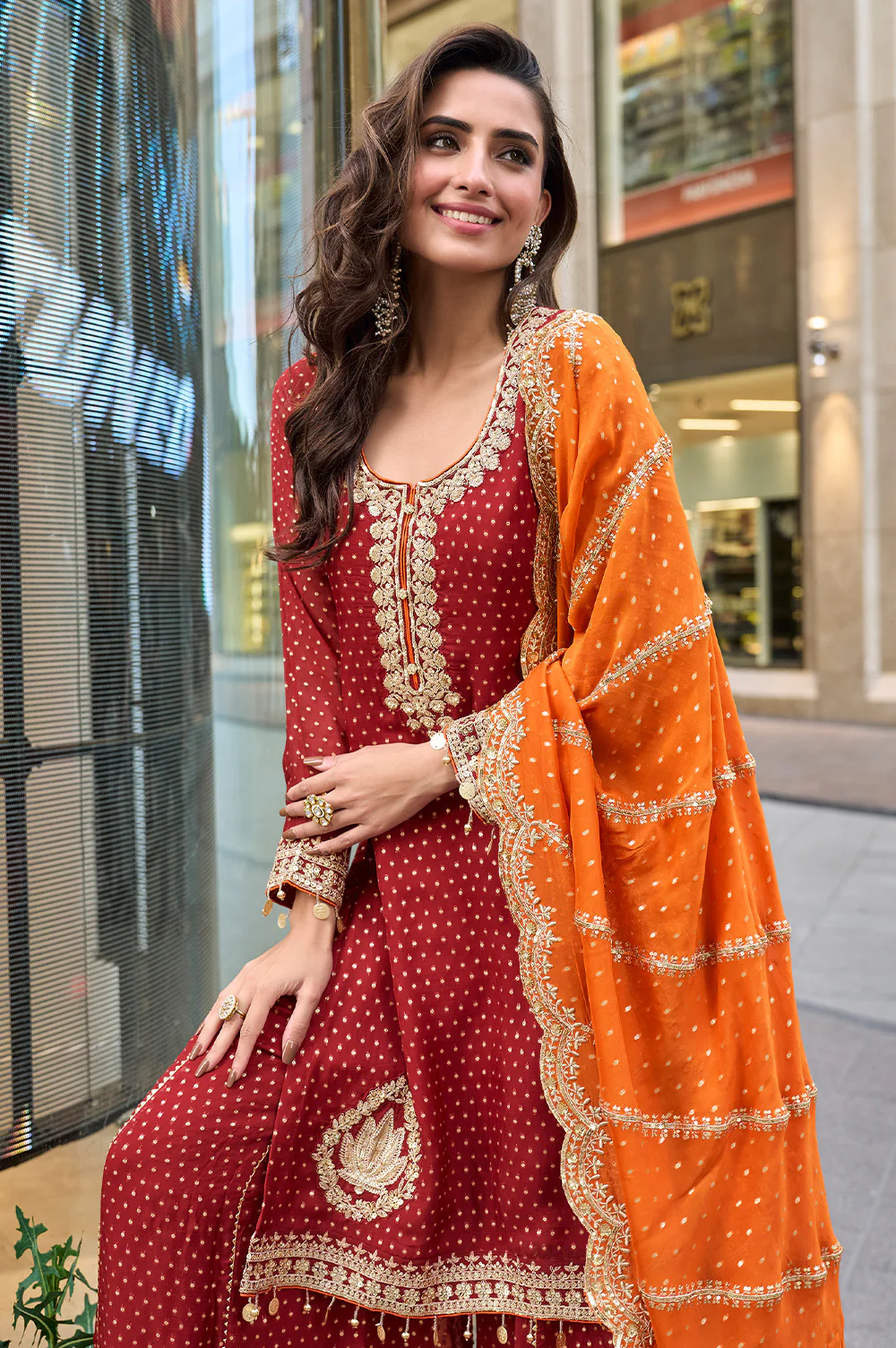 Maroon Color Crepe Silk Embroidered Suit With Palazzo - Image 2