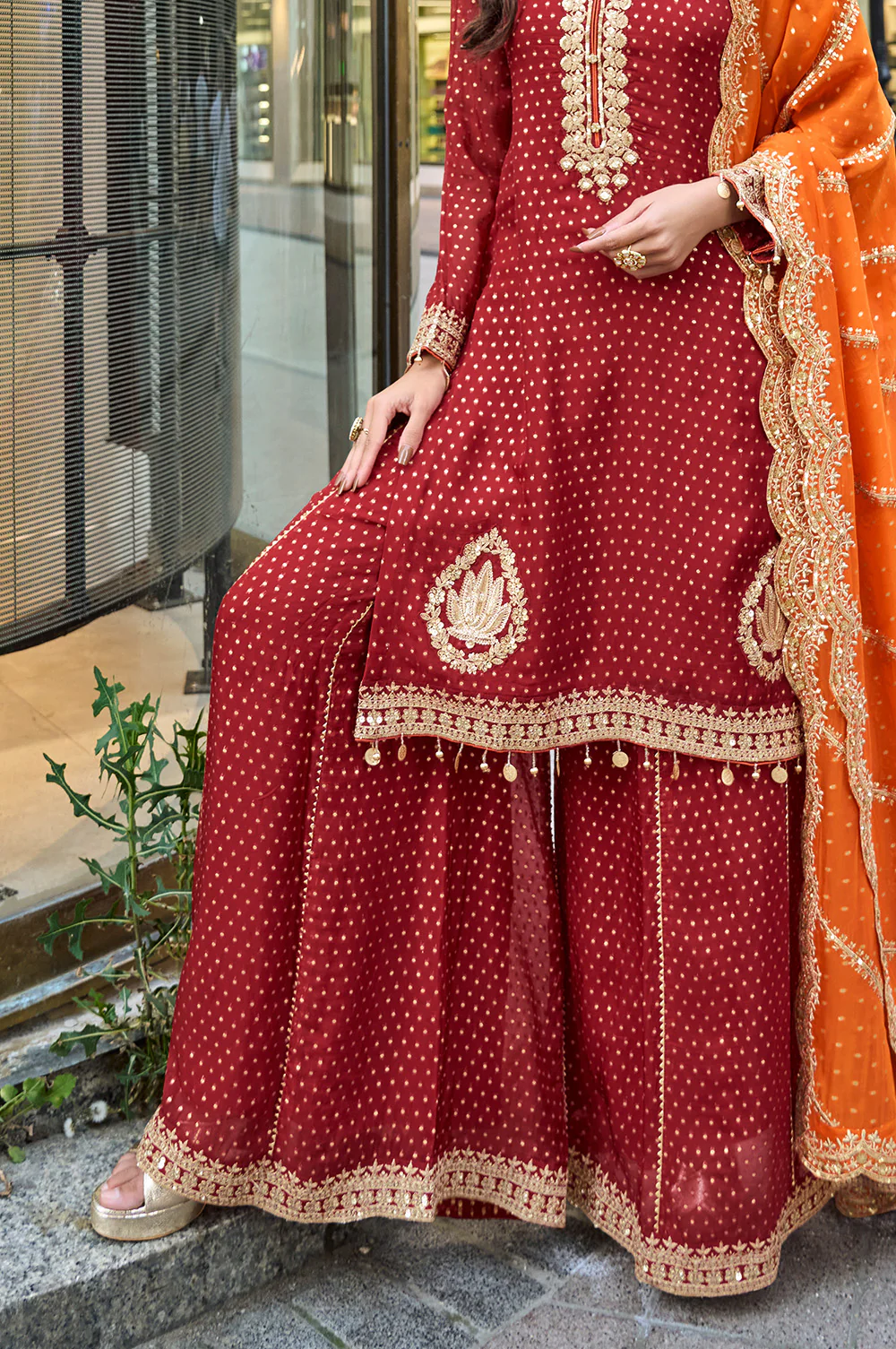 Maroon Color Crepe Silk Embroidered Suit With Palazzo - Image 3