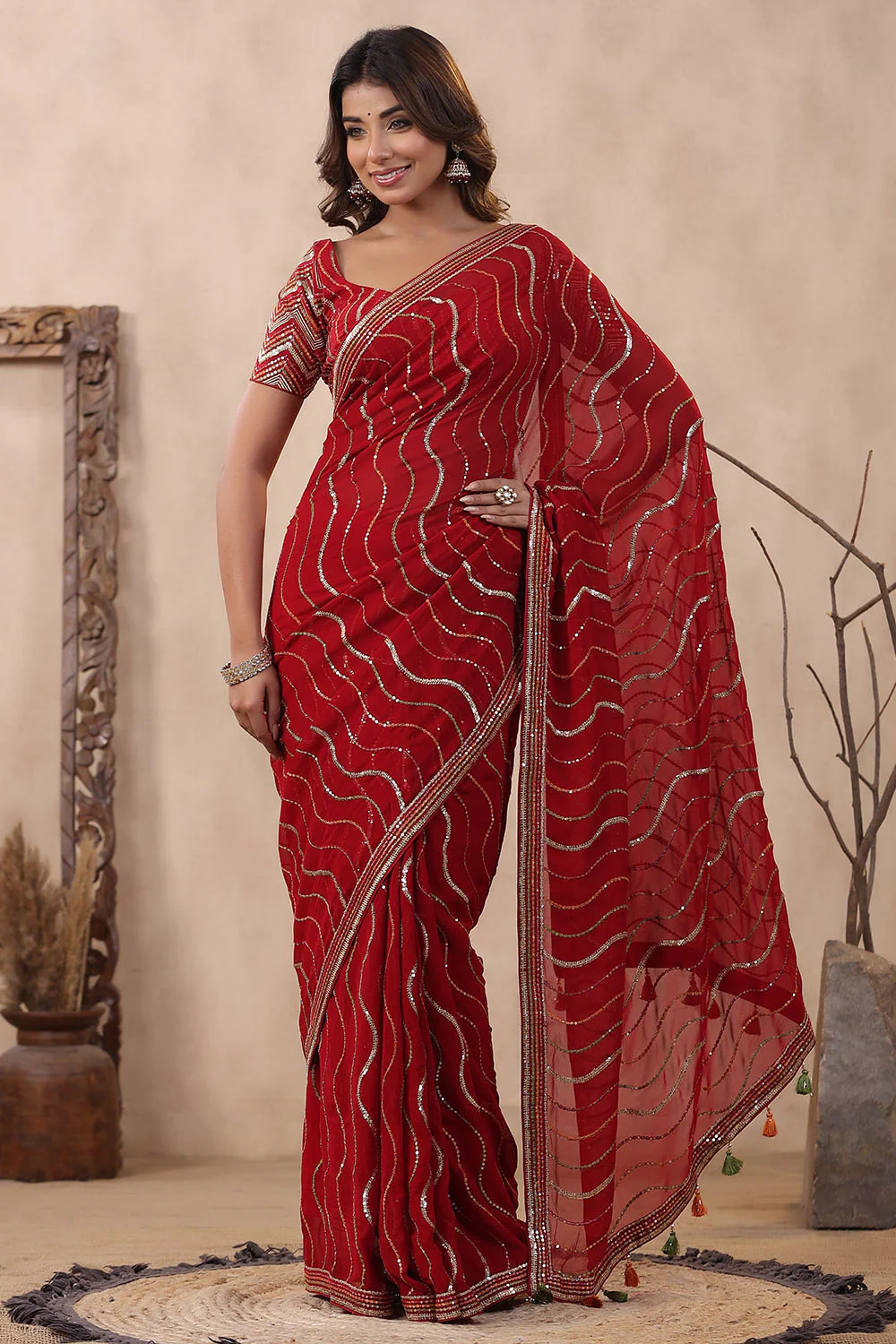 Maroon Color Embroidered Georgette Saree - Image 3