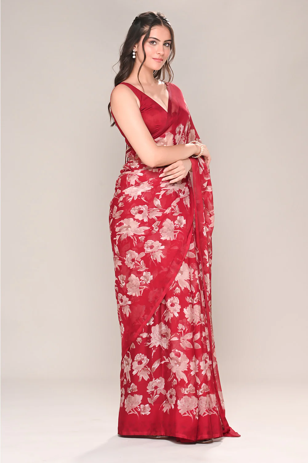 Maroon Color Floral Printed Chiffon Saree - Image 6