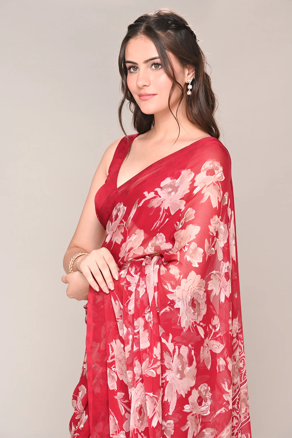 Maroon Color Floral Printed Chiffon Saree - Image 8