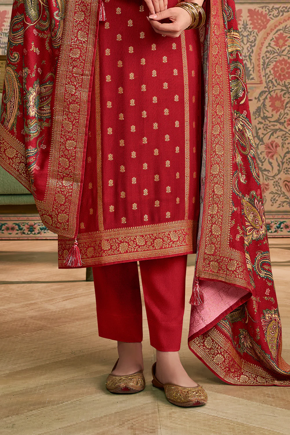 Maroon Color Pashmina Woven Unstitched Suit Material - Image 3
