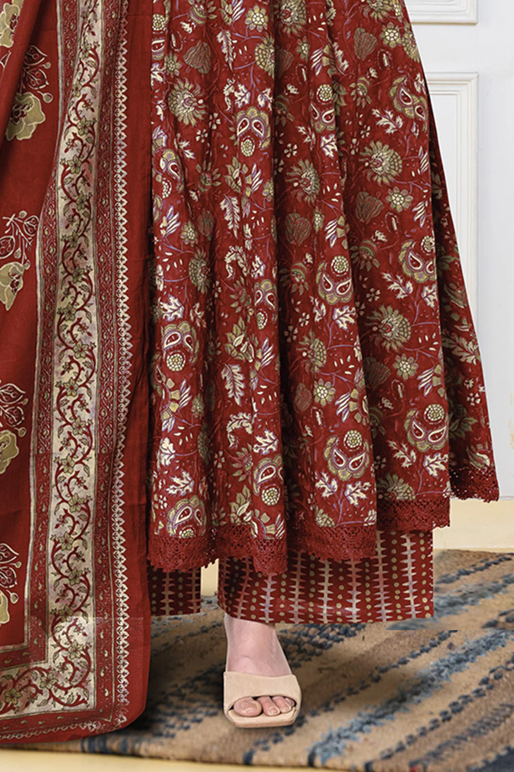 Maroon Cotton Floral Printed Anarkali Suit Set - Image 3