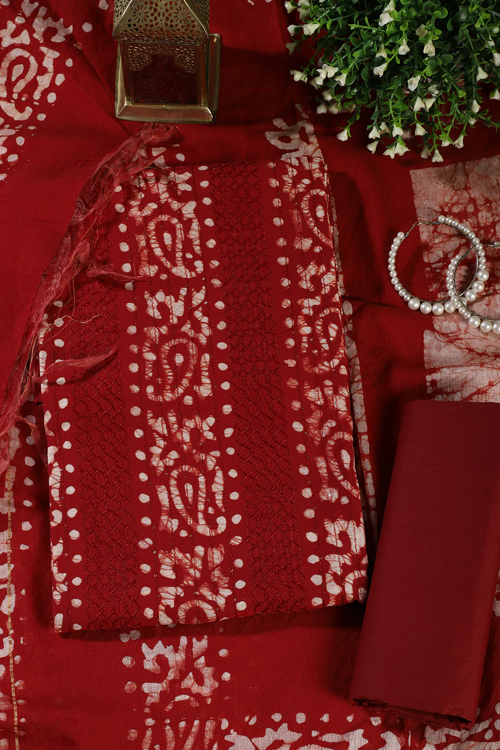 Maroon Cotton Printed And Resham Embroidered Unstitched Suit Material
