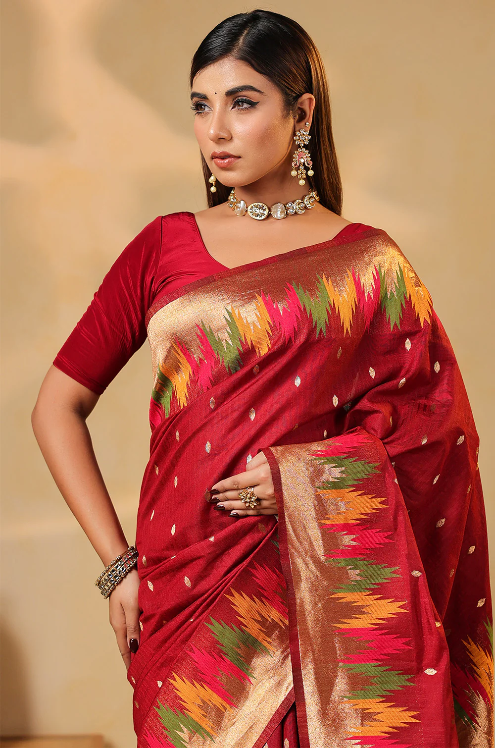 Maroon Cotton Silk Woven Saree - Image 11