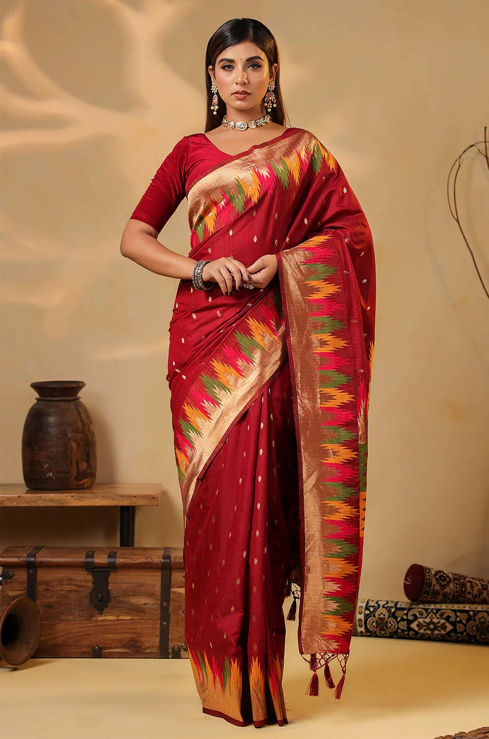 Maroon Cotton Silk Woven Saree - Image 2