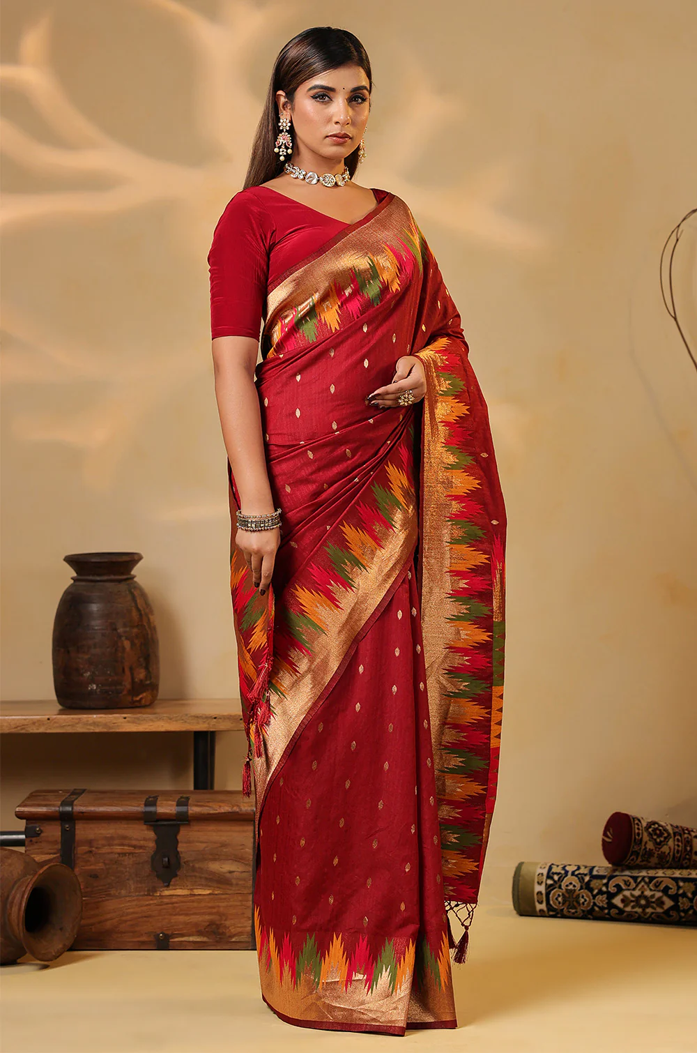 Maroon Cotton Silk Woven Saree - Image 4