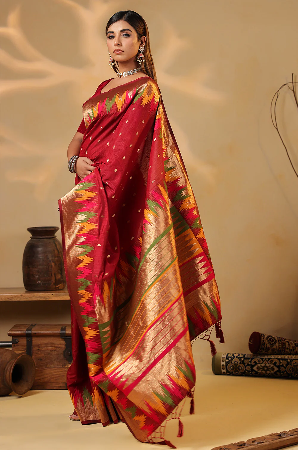 Maroon Cotton Silk Woven Saree - Image 5