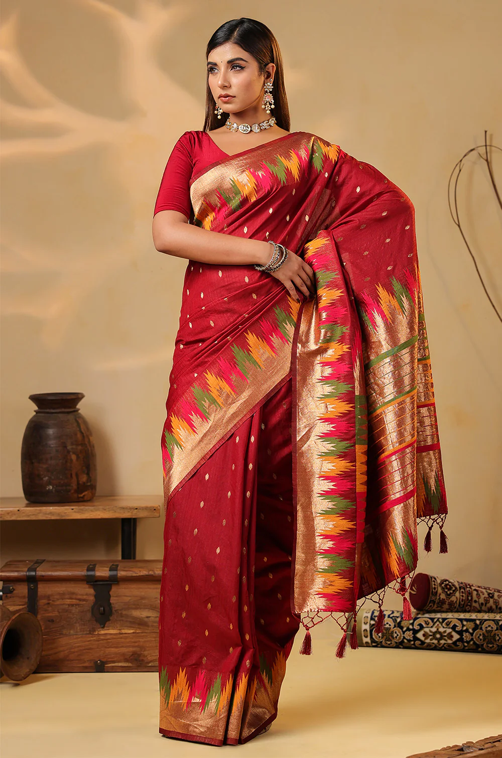 Maroon Cotton Silk Woven Saree - Image 6