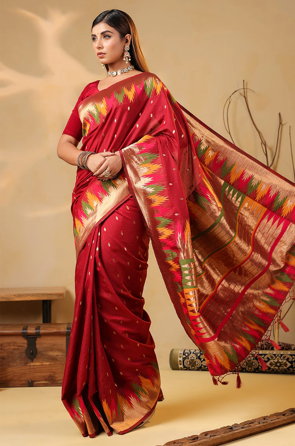 Maroon Cotton Silk Woven Saree - Image 7